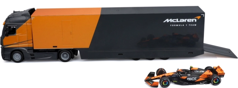 Bburago race-hauler trekker met oplegger en Formule 1 McLaren MCL38 2024 Lando Norris 1:43