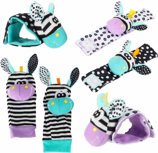 Rammelende kindersokjes en armbandjes met zebra in groen-paars - 4 stuks