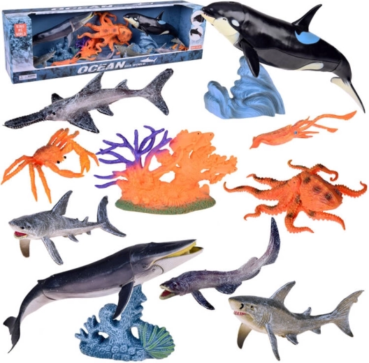 Realistische set van zeedieren - rog, krab, orka, octopus