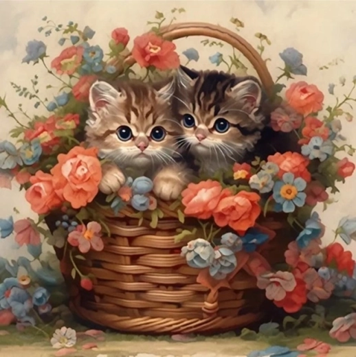 Schilderen op nummer Katten in een mand met bloemen 40 × 50 cm