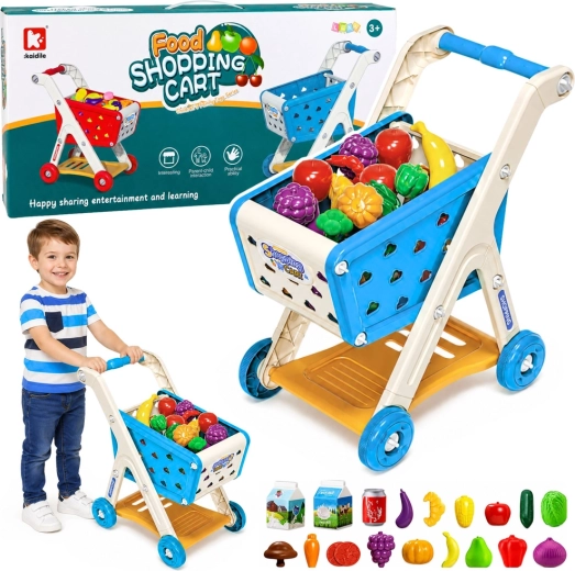 Kinderwinkelwagentje met etenswaren en accessoires, blauw (26 onderdelen) - 1 stuk