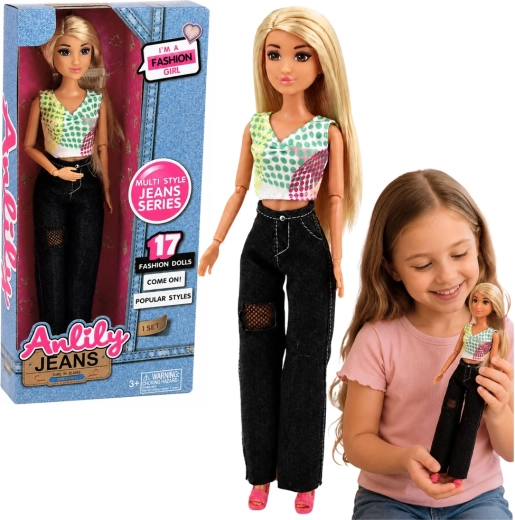 Modieuze Anlily-pop in zwarte jeans met een kleurrijke top, 30 cm