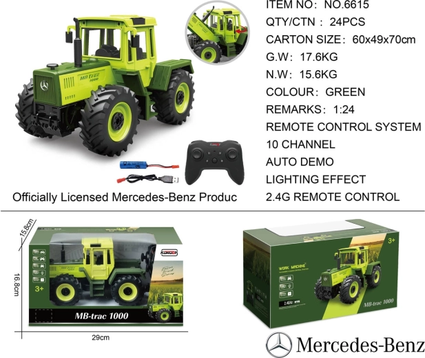 Op afstand bestuurbare groene Mercedes-Benz-tractor 1:24