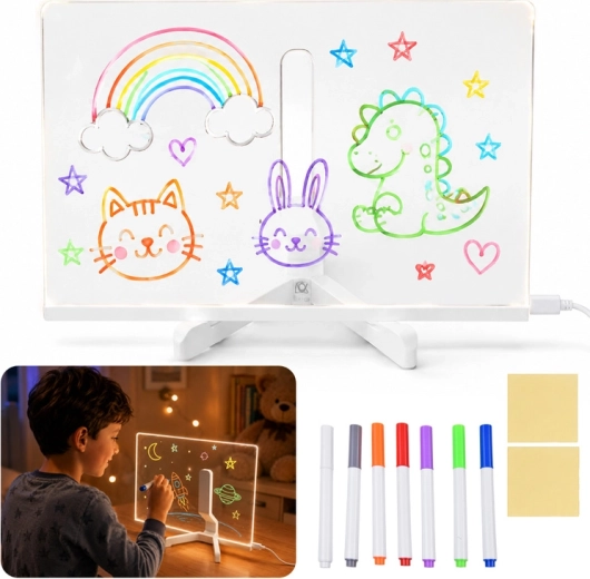 Verlichte LED acryl teken- en schrijftablet met 7 stiften en standaard