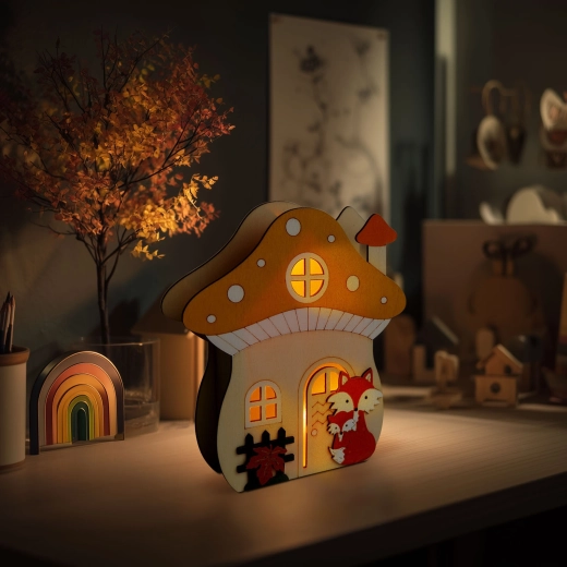 Verlichte houten decoratie paddenstoelenhuisje met vos
