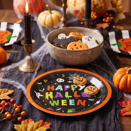 Halloween papieren bordjes Happy Halloween, rond, 23 cm, 8 stuks