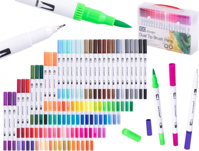 Tweekleurige stiften en fineliners in koffer, 100 kleuren