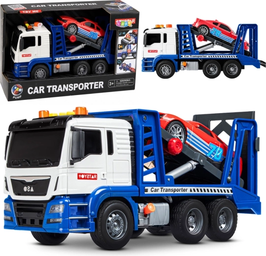 Speelgoed autotransporteur (takelwagen) met sportauto, licht en geluid, blauw-wit - 1 stuk