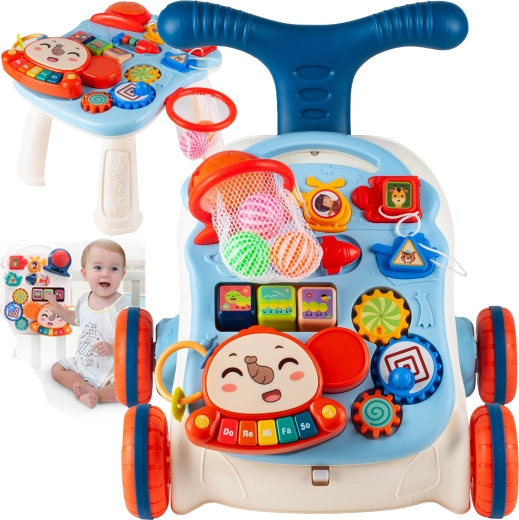 Loopwagen duwwagen 5-in-1 met tafeltje en piano – blauw