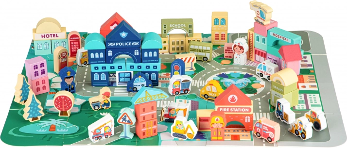 Houten educatieve stad met speelmat 121 stuks Ecotoys