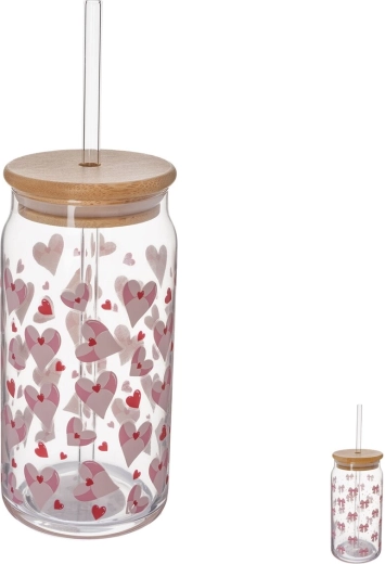 Glas met bamboe deksel en rietje 0,5 l (mix), 1 stuk