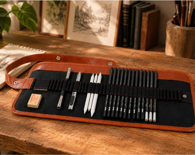 Breed assortiment potloden voor schetsen, contouren en schaduwwerking
