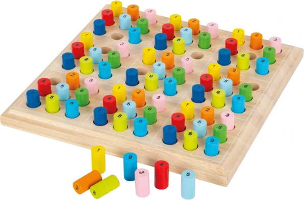 Houten sudoku met kleurrijke rolletjes