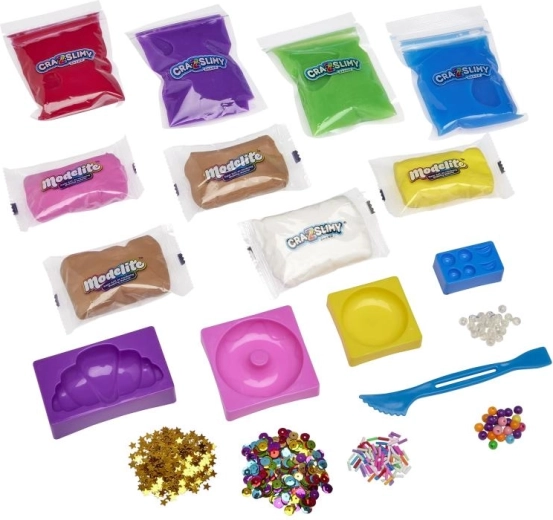 Mix van texturen: glanzend slijm, marshmallow-slijm en lichte boetseerklei