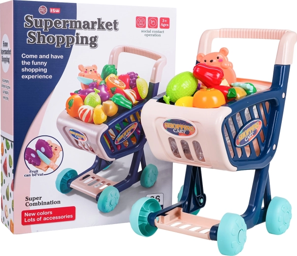 Kinderwinkelwagentje met boodschappen en accessoires, blauw