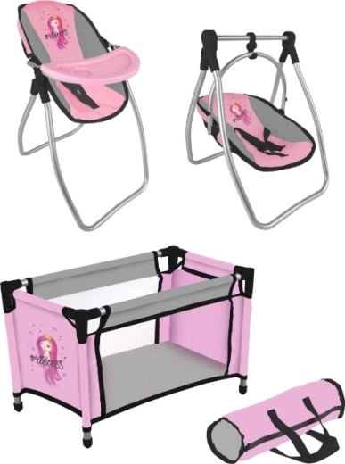 poppen set princess pink grey – reisbedje en 2-in-1 stoeltje met schommel