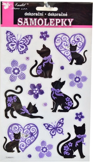 Kattenstickers zwart‑paars met siersteentjes (vel 14 × 21 cm)