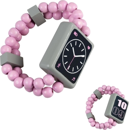 Detoa houten dubbelzijdig kinderhorloge met kralenbandje, roze