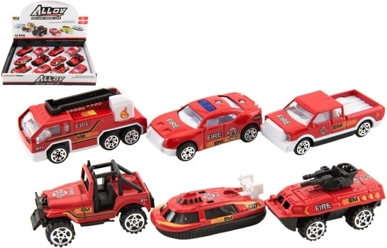 Brandweerauto’s metaal/kunststof 7 cm met vliegwiel, mix van soorten, 12 stuks in doos