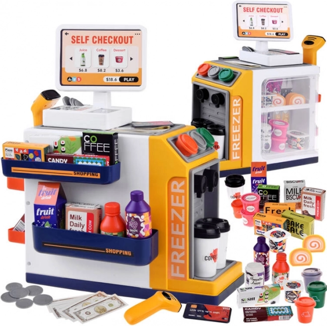 Kinder zelfbedieningswinkel met koffiezetapparaat en koelkast – scanner, kassa en accessoires