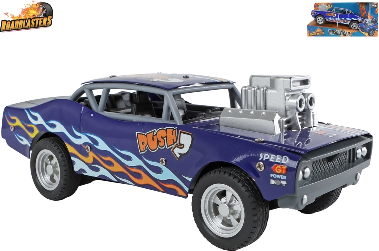 Roadblasters blauwe metalen speelgoedauto muscle car met terugtrekfrictie-aandrijving 20 cm