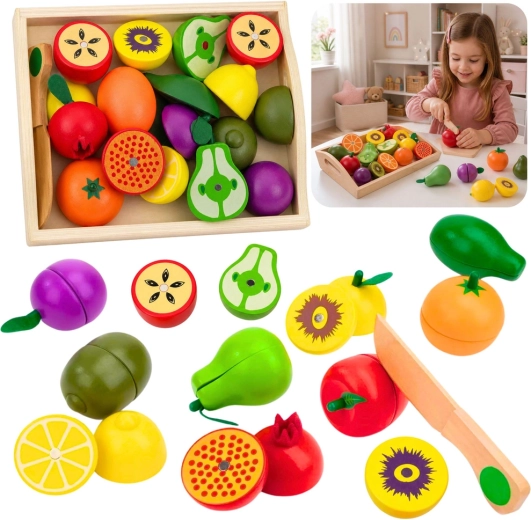 Houten magnetisch snijfruit met veilig mes en doos