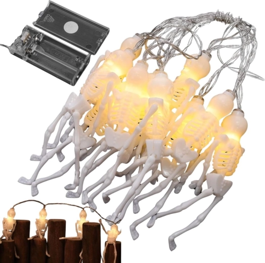 LED Halloween-lichtsnoer skeletten 2 m, 10 hangers, warm wit