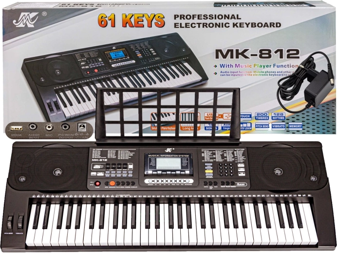 Keyboard met aanslaggevoeligheid MK-812 (61 toetsen) met bladmuziekstandaard en voedingsadapter