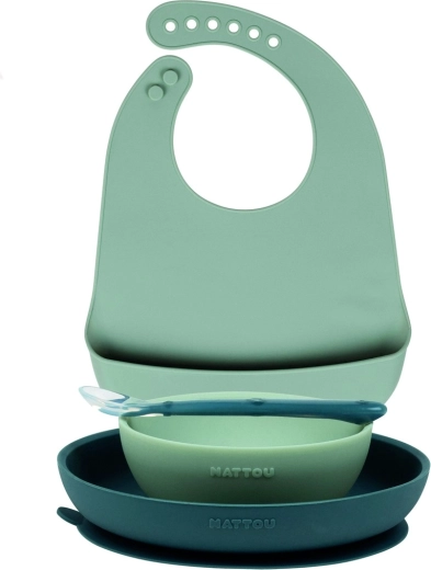 Nattou siliconen eetset met slabbetje 4 stuks groen (BPA-vrij)