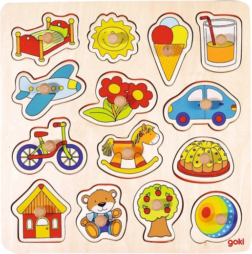 Houten inlegpuzzel met handgrepen – hobbelpaard, bal en meer - 1 stuk