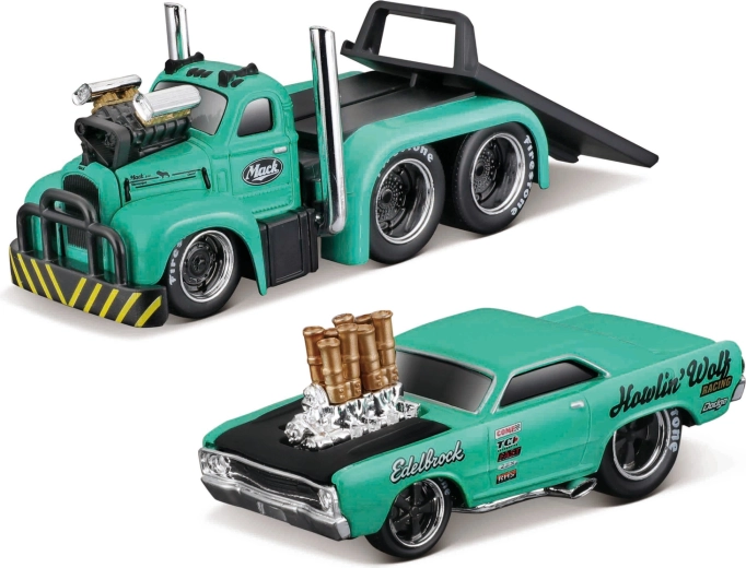 Maisto Muscle transports Mack B-61 flatbed met Dodge Dart HEMI gasser 1:64