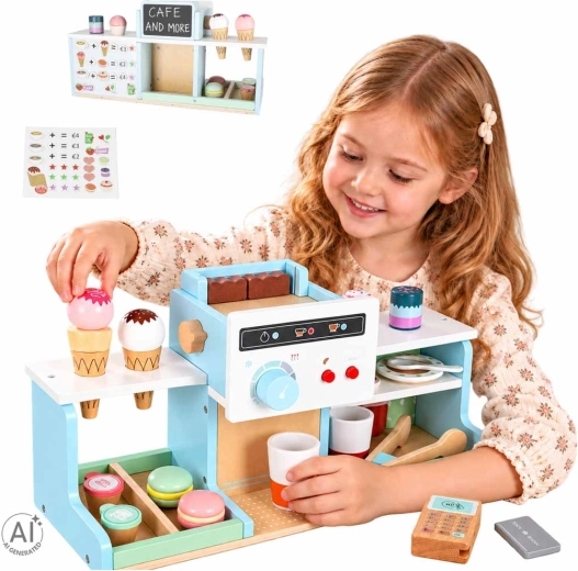 Houten kindercafé en patisserie met koffiemachine en ijs