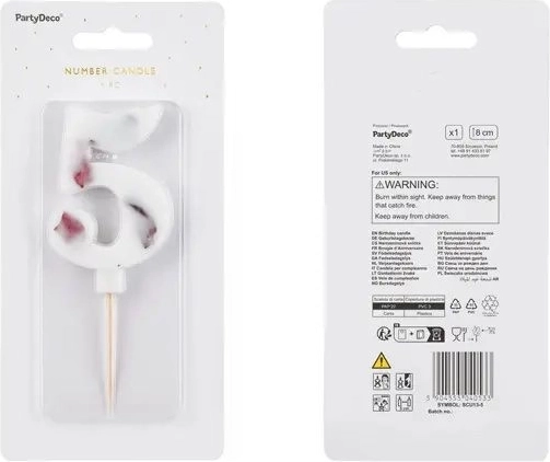 Verjaardagskaars cijfer 5 wit 8 cm