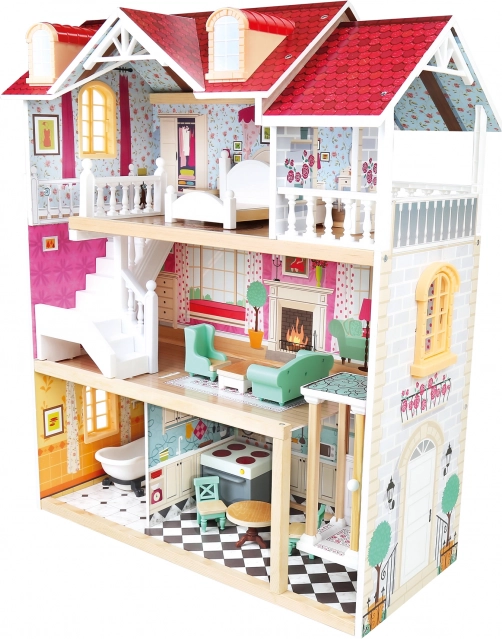 Bino driedelig houten poppenhuis met lift en 13 accessoires