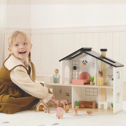 Open poppenhuis met twee verdiepingen voor makkelijk spelen