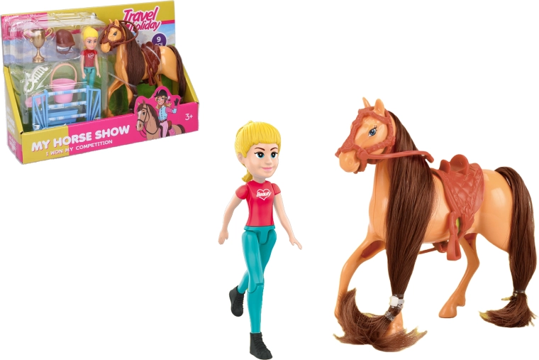 Set voor paardrijwedstrijden met een bruin paard en ruiterfiguur