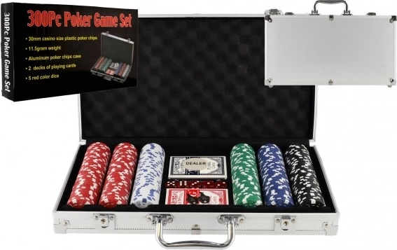 Pokerset 300 fiches in aluminium koffer met kaarten en dobbelstenen