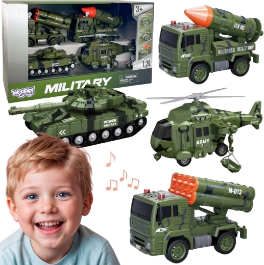 WOOPIE set militaire voertuigen met raketwerpers, tank en helikopter, 4 stuks, schaal 1:20