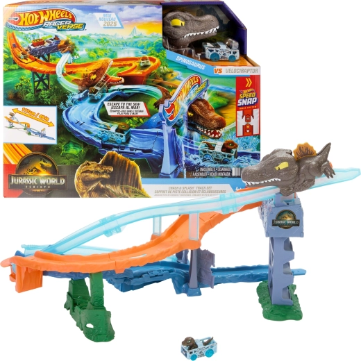 Hot Wheels RacerVerse Jurassic World Zeedinojacht racebaan met auto