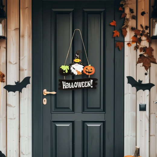 Halloween houten hangdecoratie met kabouter en pompoen