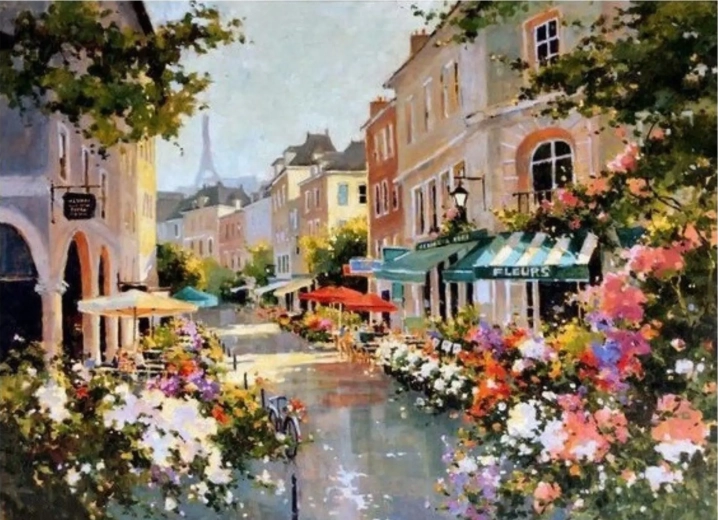 Norimpex schilderen op nummer Parijse straat tussen de bloemen 40 × 50 cm