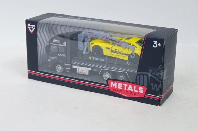 Metalen takelwagen met sportwagen in een blikken doosje
