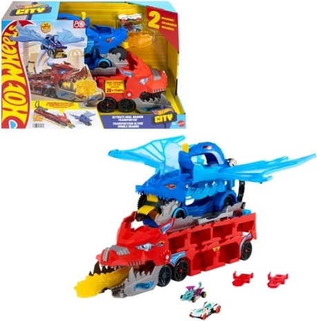 Hot Wheels City dubbele drakentransporter met racebaan en 2 autootjes
