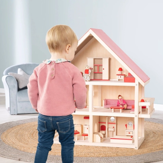 Roba houten poppenhuis met meubels rood/naturel