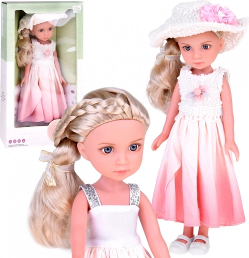 Elegante stijlvolle pop met hoed en lang blond haar