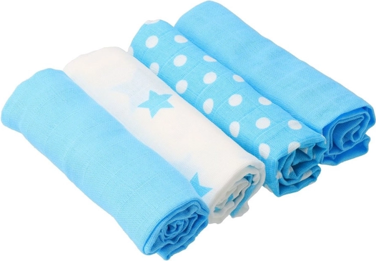 New Baby Softy katoenen hydrofiele doeken met print 70 × 70 cm, 4 stuks turquoise-wit