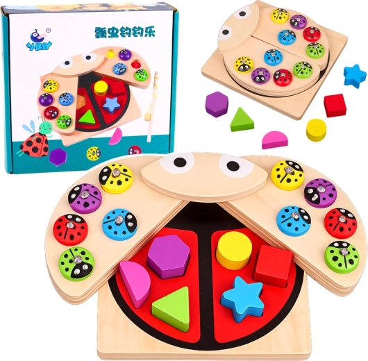 Houten Montessori vormenstoof lieveheersbeestje met magnetisch visspel