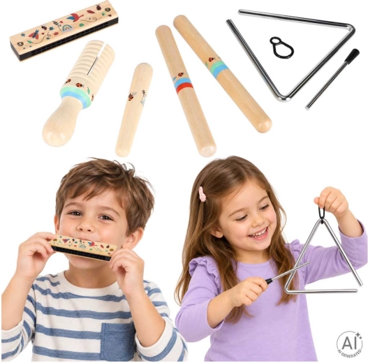 Houten muziekinstrumenten voor kinderen – set (triangel, ritmestokjes, mondharmonica, guiro)