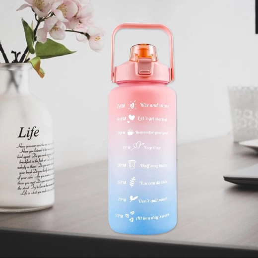 Motiverende waterfles 2 l met rietje en handgreep met tijdmarkeringen