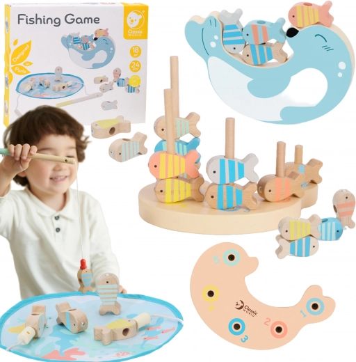 Houten visspel met 2 hengels, 24 onderdelen – CLASSIC WORLD